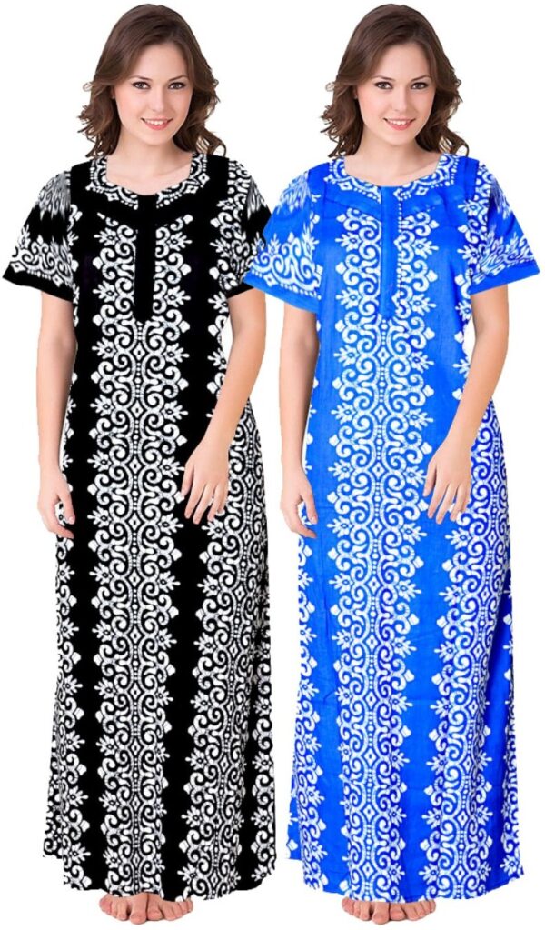 100% Cotton Nighty for Women || Long Length Printed Nighty/Maxi/Night Gown/Night Dress/Nightwear Inner & Sleepwear for Women's (Combo Pack of 2) (Black Blue)-DSMF153-Nighty (P2)Black Blue
