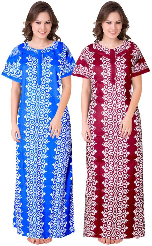 100% Cotton Nighty for Women || Long Length Printed Nighty/Maxi/Night Gown/Night Dress/Nightwear Inner & Sleepwear for Women's (Combo Pack of 2) (Blue Maroon)-DSMF154-Nighty (P2)Blue Maroon