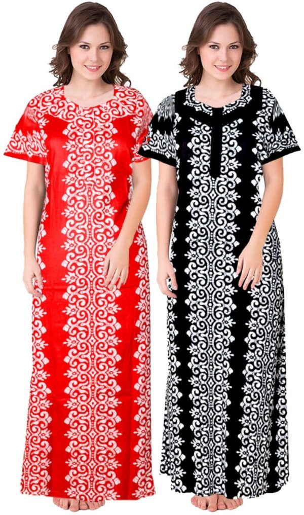 100% Cotton Nighty for Women || Long Length Printed Nighty/Maxi/Night Gown/Night Dress/Nightwear Inner & Sleepwear for Women's (Combo Pack of 2) (Red Black)-DSMF155-Nighty (P2)Red Black