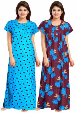 100% Cotton Nighty for Women || Long Length Printed Nighty/Maxi/Night Gown/Night Dress/Nightwear Inner & Sleepwear for Women's (Combo Pack of 2) (Blue Purple)-DSMF156-Nighty (P2)Blue Purple