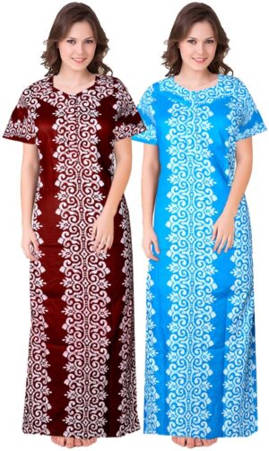 100% Cotton Nighty for Women || Long Length Printed Nighty/Maxi/Night Gown/Night Dress/Nightwear Inner & Sleepwear for Women's (Combo Pack of 2) (Maroon Blue)-DSMF157-Nighty (P2)Maroon Blue