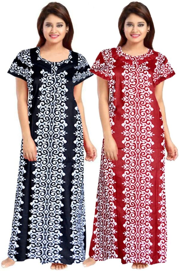 100% Cotton Nighty for Women || Long Length Printed Nighty/Maxi/Night Gown/Night Dress/Nightwear Inner & Sleepwear for Women's (Combo Pack of 2) (Black Maroon)-DSMF158-Nighty (P2)Black Maroon