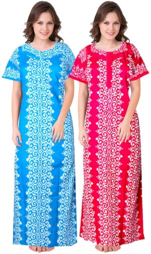 100% Cotton Nighty for Women || Long Length Printed Nighty/Maxi/Night Gown/Night Dress/Nightwear Inner & Sleepwear for Women's (Combo Pack of 2) (Blue Pink)-DSMF159-Nighty (P2)Blue Pink