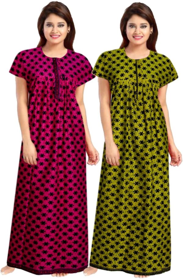100% Cotton Nighty for Women || Long Length Printed Nighty/Maxi/Night Gown/Night Dress/Nightwear Inner & Sleepwear for Women's (Combo Pack of 2) (Pink Green)-DSMF160-Nighty (P2)Pink Green