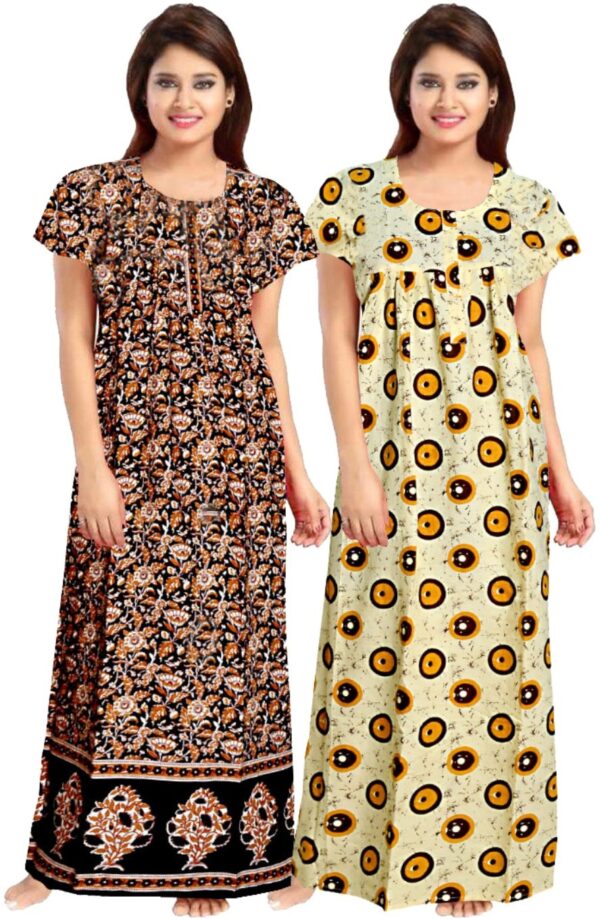 100% Cotton Nighty for Women || Long Length Printed Nighty/Maxi/Night Gown/Night Dress/Nightwear Inner & Sleepwear for Women's (Combo Pack of 2) (Brown::Yellow)-DSMF191-Nighty (P2)Brown Yellow