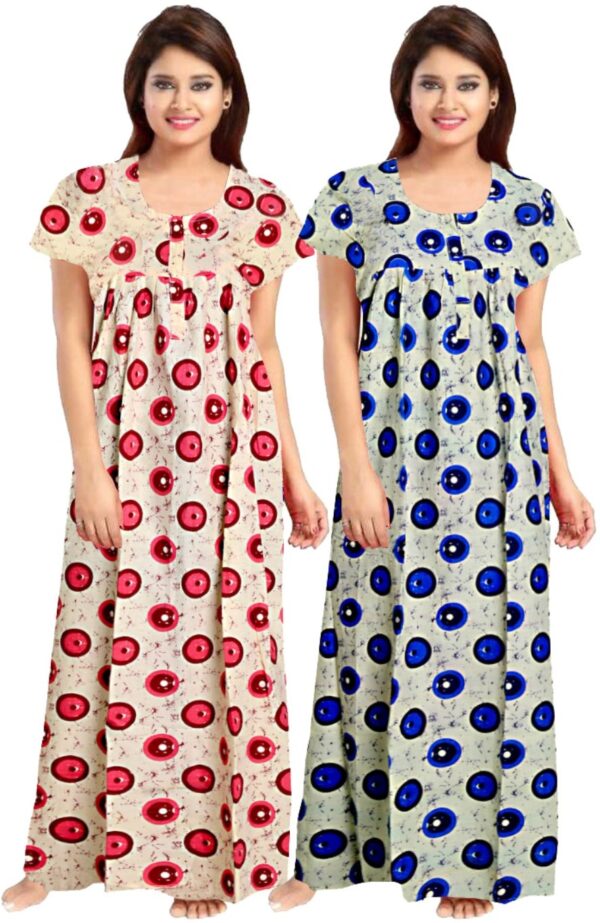 100% Cotton Nighty for Women || Long Length Printed Nighty/Maxi/Night Gown/Night Dress/Nightwear Inner & Sleepwear for Women's (Combo Pack of 2) (Pink::Blue)-DSMF192-Nighty (P2)Pink Blue