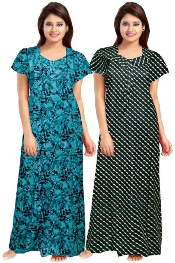 100% Cotton Nighty for Women || Long Length Printed Nighty/Maxi/Night Gown/Night Dress/Nightwear Inner & Sleepwear for Women's (Combo Pack of 2) (Green::Black)-DSMF193-Nighty (P2)Green Black