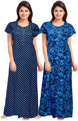 100% Cotton Nighty for Women || Long Length Printed Nighty/Maxi/Night Gown/Night Dress/Nightwear Inner & Sleepwear for Women's (Combo Pack of 2) (Blue::Black)-DSMF194-Nighty (P2)Blue Black