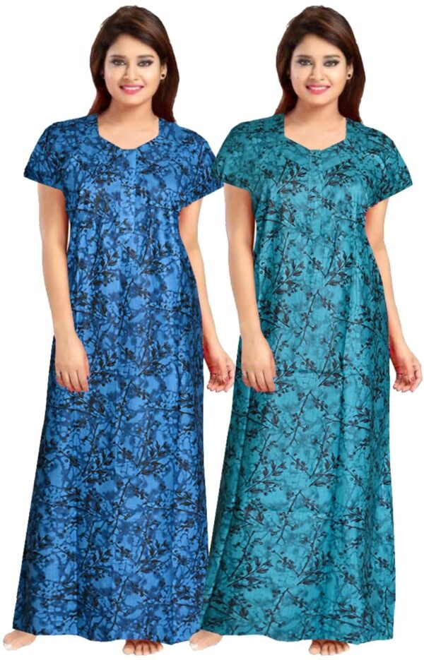 100% Cotton Nighty for Women || Long Length Printed Nighty/Maxi/Night Gown/Night Dress/Nightwear Inner & Sleepwear for Women's (Combo Pack of 2) (Blue::Green)-DSMF195-Nighty (P2)Blue Green
