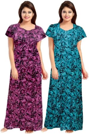 100% Cotton Nighty for Women || Long Length Printed Nighty/Maxi/Night Gown/Night Dress/Nightwear Inner & Sleepwear for Women's (Combo Pack of 2) (Purple::Green)-DSMF196-Nighty (P2)Purple Green