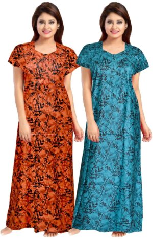 100% Cotton Nighty for Women || Long Length Printed Nighty/Maxi/Night Gown/Night Dress/Nightwear Inner & Sleepwear for Women's (Combo Pack of 2) (Orange::Green)-DSMF197-Nighty (P2)Orange Green
