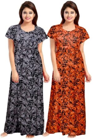 100% Cotton Nighty for Women || Long Length Printed Nighty/Maxi/Night Gown/Night Dress/Nightwear Inner & Sleepwear for Women's (Combo Pack of 2) (Grey::Orange)-DSMF198-Nighty (P2)Grey Orange