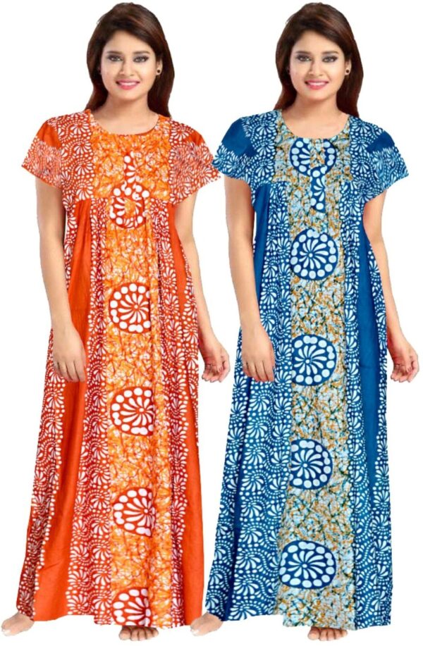 100% Cotton Nighty for Women || Long Length Printed Nighty/Maxi/Night Gown/Night Dress/Nightwear Inner & Sleepwear for Women's (Combo Pack of 2) (Orange::Blue)-DSMF199-Nighty (P2)Orange Blue