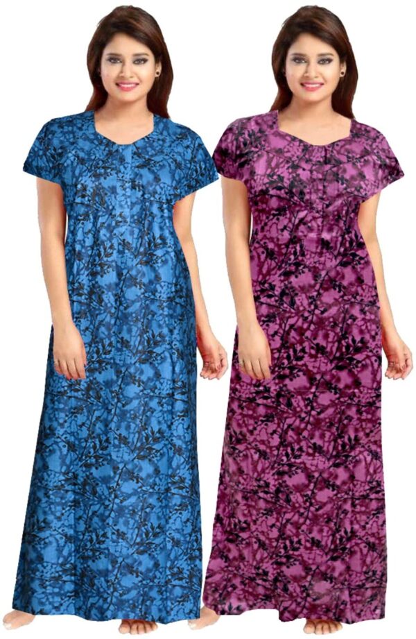 100% Cotton Nighty for Women || Long Length Printed Nighty/Maxi/Night Gown/Night Dress/Nightwear Inner & Sleepwear for Women's (Combo Pack of 2) (Blue::Purple)-DSMF200-Nighty (P2)Blue Purple
