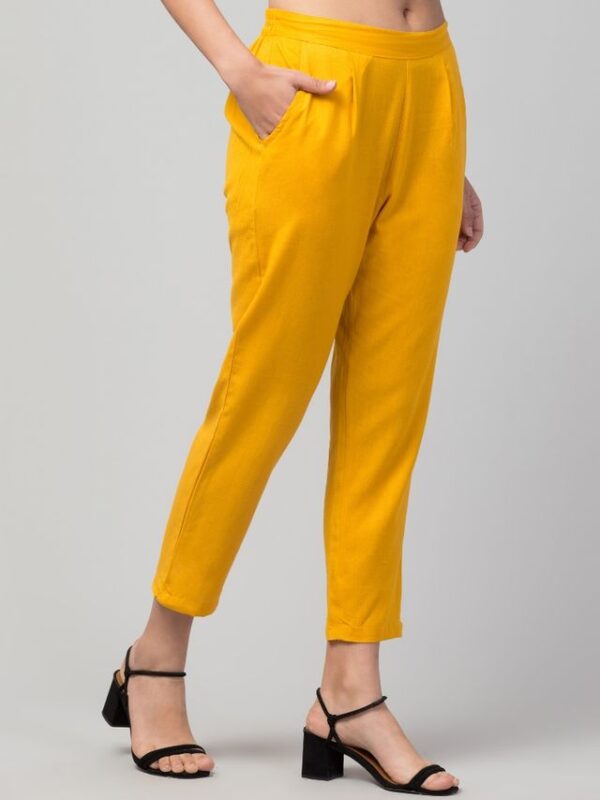REBAAS Women Regular Fit Elastic Waist Full Length Cotton Formal Trouser/Pant for Casual Wear, Office Wear (MUSTARD) - Image 3