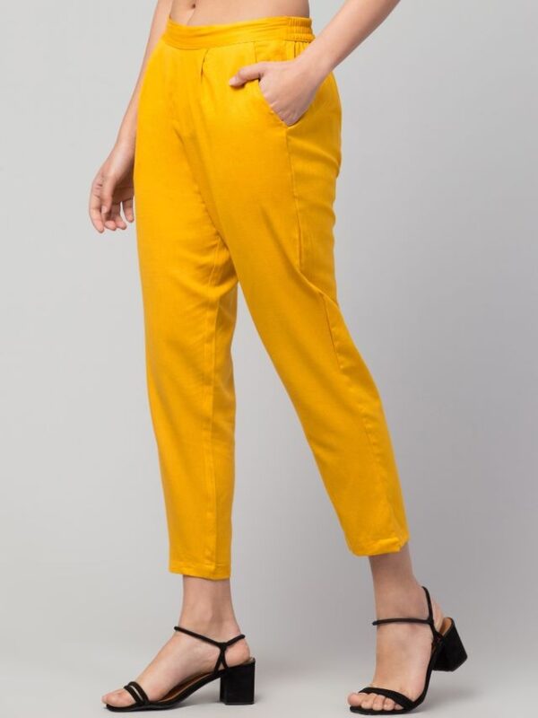 REBAAS Women Regular Fit Elastic Waist Full Length Cotton Formal Trouser/Pant for Casual Wear, Office Wear (MUSTARD) - Image 4