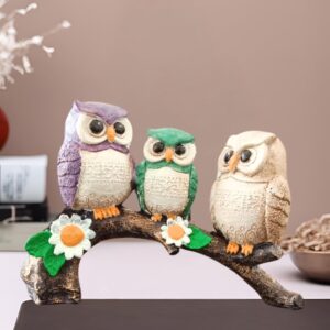 Bird Owl Family Figurine Sitting on Tree Branch Showpiece Statue Home Decor Birthday Friendship Gift (Polyresin, Multicolor) (SD-001-3-OWL ON BARK)