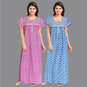 Cotton Nighty for Women || Long Length Printed Nighty/Maxi/Night Gown/Night Dress/Nightwear Inner & Sleepwear for Women's (Combo Pack of 2) (DSMF065-Nighty (P2)Pink Blue)