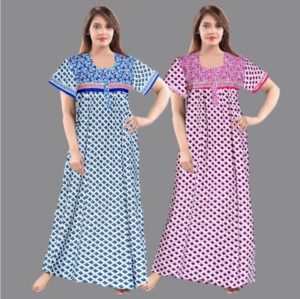 Cotton Nighty for Women || Long Length Printed Nighty/Maxi/Night Gown/Night Dress/Nightwear Inner & Sleepwear for Women's (Combo Pack of 2) (DSMF067-Nighty (P2)White Pink)