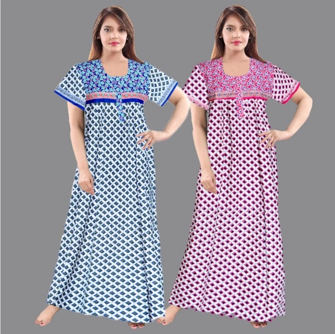 Cotton Nighty for Women || Long Length Printed Nighty/Maxi/Night Gown/Night Dress/Nightwear Inner & Sleepwear for Women's (Combo Pack of 2) (DSMF067-Nighty (P2)White Pink)