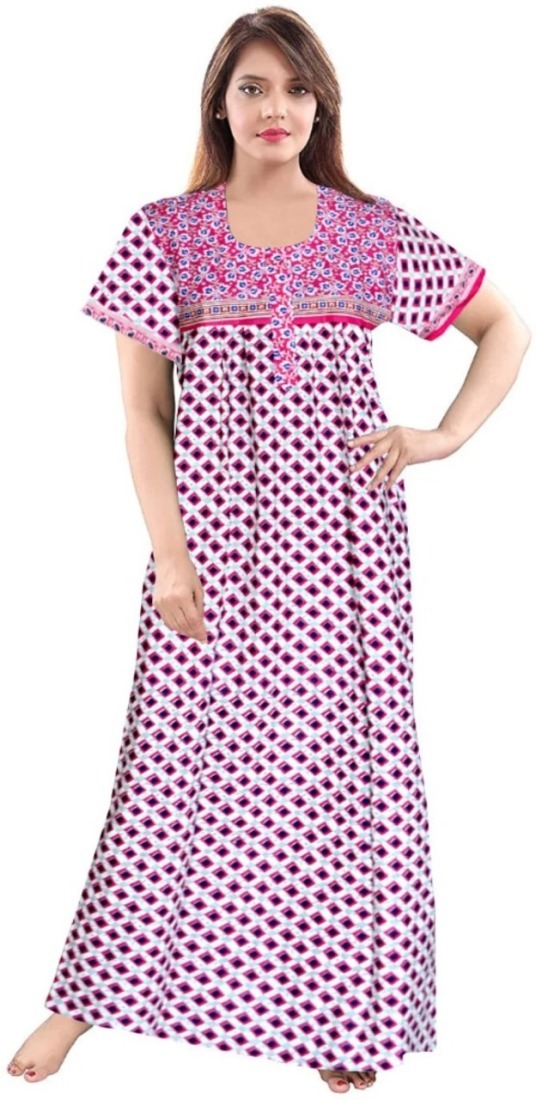 Cotton Nighty for Women || Long Length Printed Nighty/Maxi/Night Gown/Night Dress/Nightwear Inner & Sleepwear for Women's (Combo Pack of 2) (DSMF067-Nighty (P2)White Pink) - Image 2