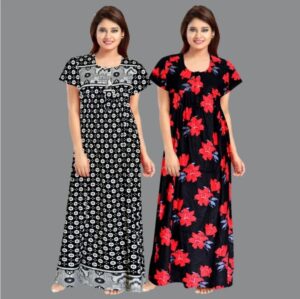 Cotton Nighty for Women || Long Length Printed Nighty/Maxi/Night Gown/Night Dress/Nightwear Inner & Sleepwear for Women's (Combo Pack of 2) (DSMF072-Nighty (P2)Black Red)