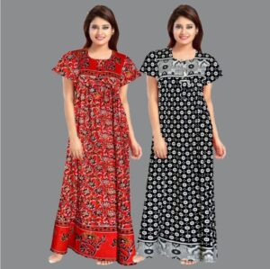 Cotton Nighty for Women || Long Length Printed Nighty/Maxi/Night Gown/Night Dress/Nightwear Inner & Sleepwear for Women's (Combo Pack of 2) (DSMF073-Nighty (P2)Red Black)