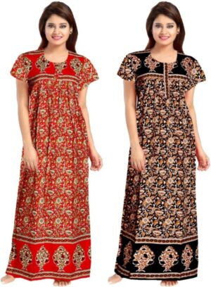 Cotton Nighty for Women || Long Length Printed Nighty/Maxi/Night Gown/Night Dress/Nightwear Inner & Sleepwear for Women's (Combo Pack of 2) (DSMF084-Nighty (P2)Red Black)