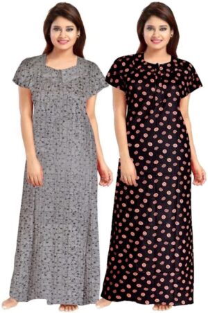 Cotton Nighty for Women || Long Length Printed Nighty/Maxi/Night Gown/Night Dress/Nightwear Inner & Sleepwear for Women's (Combo Pack of 2) (DSMF086-Nighty (P2)Grey Brown)