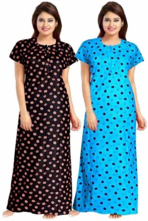 Cotton Nighty for Women || Long Length Printed Nighty/Maxi/Night Gown/Night Dress/Nightwear Inner & Sleepwear for Women's (Combo Pack of 2) (DSMF089-Nighty (P2)Brown Blue)