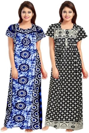 Cotton Nighty for Women || Long Length Printed Nighty/Maxi/Night Gown/Night Dress/Nightwear Inner & Sleepwear for Women's (Combo Pack of 2) (DSMF094-Nighty (P2)Blue Black)