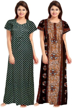 Cotton Nighty for Women || Long Length Printed Nighty/Maxi/Night Gown/Night Dress/Nightwear Inner & Sleepwear for Women's (Combo Pack of 2) (DSMF095-Nighty (P2)Green Brown)