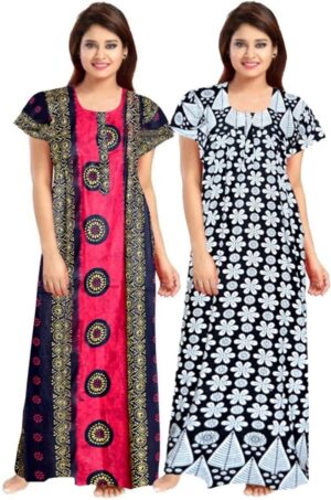 Cotton Nighty for Women || Long Length Printed Nighty/Maxi/Night Gown/Night Dress/Nightwear Inner & Sleepwear for Women's (Combo Pack of 2) (DSMF097-Nighty (P2)Pink Black)