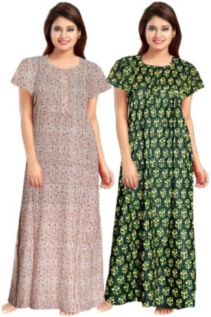 Cotton Nighty for Women || Long Length Printed Nighty/Maxi/Night Gown/Night Dress/Nightwear Inner & Sleepwear for Women's (Combo Pack of 2) (DSMF098-Nighty (P2)Grey Green)