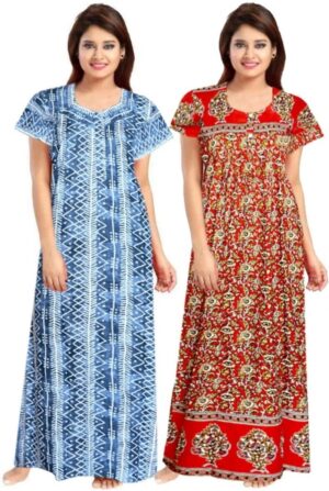 Cotton Nighty for Women || Long Length Printed Nighty/Maxi/Night Gown/Night Dress/Nightwear Inner & Sleepwear for Women's (Combo Pack of 2) (DSMF100-Nighty (P2)Blue Red)