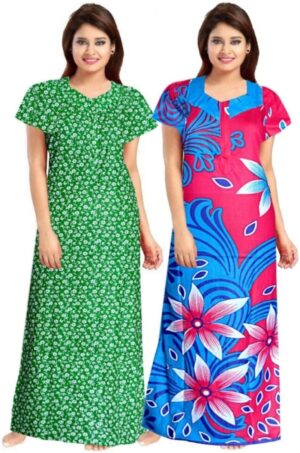 Cotton Nighty for Women || Long Length Printed Nighty/Maxi/Night Gown/Night Dress/Nightwear Inner & Sleepwear for Women's (Combo Pack of 2) (DSMF101-Nighty (P2)Green Pink)