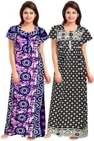 Cotton Nighty for Women || Long Length Printed Nighty/Maxi/Night Gown/Night Dress/Nightwear Inner & Sleepwear for Women's (Combo Pack of 2) (DSMF113-Nighty (P2)Multicolor)