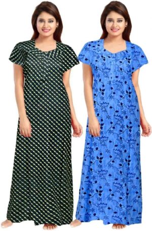 Cotton Nighty for Women || Long Length Printed Nighty/Maxi/Night Gown/Night Dress/Nightwear Inner & Sleepwear for Women's (Combo Pack of 2) (DSMF114-Nighty (P2)Green Blue)