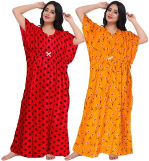 Cotton Nighty for Women || Long Length Printed Nighty/Maxi/Night Gown/Night Dress/Nightwear Inner & Sleepwear for Women's (Combo Pack of 2) (DSMF129-Nighty (P2)Red Yellow)