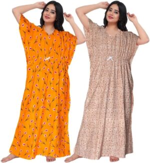 Cotton Nighty for Women || Long Length Printed Nighty/Maxi/Night Gown/Night Dress/Nightwear Inner & Sleepwear for Women's (Combo Pack of 2) (DSMF131-Nighty (P2)Yellow Grey)