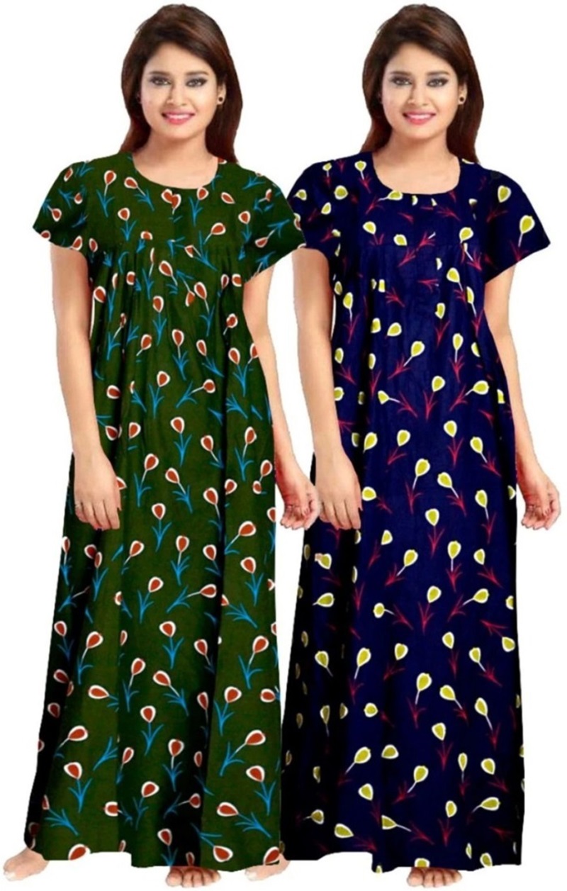 Cotton Nighty for Women || Long Length Printed Nighty/Maxi/Night Gown/Night Dress/Nightwear Inner & Sleepwear for Women's (Combo Pack of 2) (DSMF142-Nighty (P2)Green Blue)