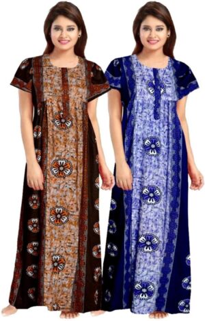 Cotton Nighty for Women || Long Length Printed Nighty/Maxi/Night Gown/Night Dress/Nightwear Inner & Sleepwear for Women's (Combo Pack of 2) (DSMF146-Nighty (P2)Yellow Blue)