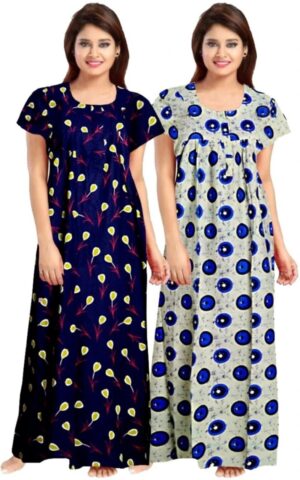 Cotton Nighty for Women || Long Length Printed Nighty/Maxi/Night Gown/Night Dress/Nightwear Inner & Sleepwear for Women's (Combo Pack of 2) (DSMF147-Nighty (P2)Blue Dark Blue)