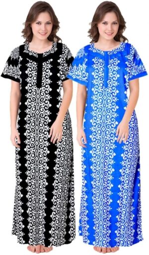 Cotton Nighty for Women || Long Length Printed Nighty/Maxi/Night Gown/Night Dress/Nightwear Inner & Sleepwear for Women's (Combo Pack of 2) (DSMF153-Nighty (P2)Black Blue)