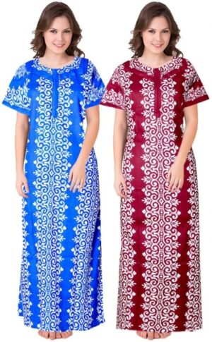 Cotton Nighty for Women || Long Length Printed Nighty/Maxi/Night Gown/Night Dress/Nightwear Inner & Sleepwear for Women's (Combo Pack of 2) (DSMF154-Nighty (P2)Blue Maroon)