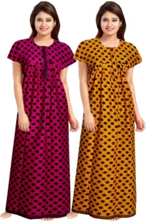 Cotton Nighty for Women || Long Length Printed Nighty/Maxi/Night Gown/Night Dress/Nightwear Inner & Sleepwear for Women's (Combo Pack of 2) (DSMF164-Nighty (P2)Pink Yellow)