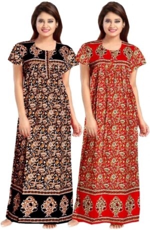 Cotton Nighty for Women || Long Length Printed Nighty/Maxi/Night Gown/Night Dress/Nightwear Inner & Sleepwear for Women's (Combo Pack of 2) (DSMF165-Nighty (P2)Black Red)