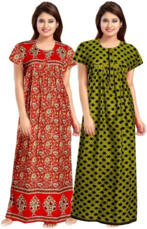 Cotton Nighty for Women || Long Length Printed Nighty/Maxi/Night Gown/Night Dress/Nightwear Inner & Sleepwear for Women's (Combo Pack of 2) (DSMF166-Nighty (P2)Red Green)