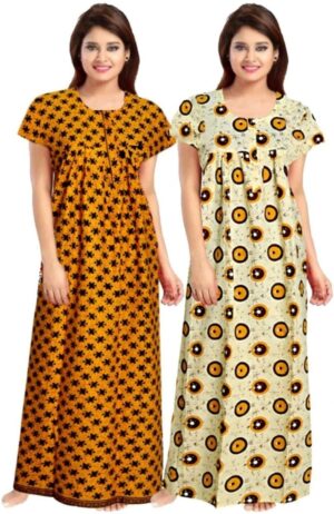 Cotton Nighty for Women || Long Length Printed Nighty/Maxi/Night Gown/Night Dress/Nightwear Inner & Sleepwear for Women's (Combo Pack of 2) (DSMF167-Nighty (P2)Black Yellow)