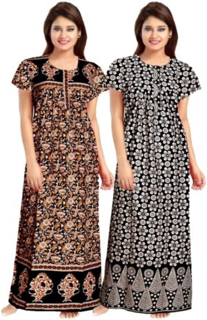 Cotton Nighty for Women || Long Length Printed Nighty/Maxi/Night Gown/Night Dress/Nightwear Inner & Sleepwear for Women's (Combo Pack of 2) (DSMF169-Nighty (P2)Brown Black)